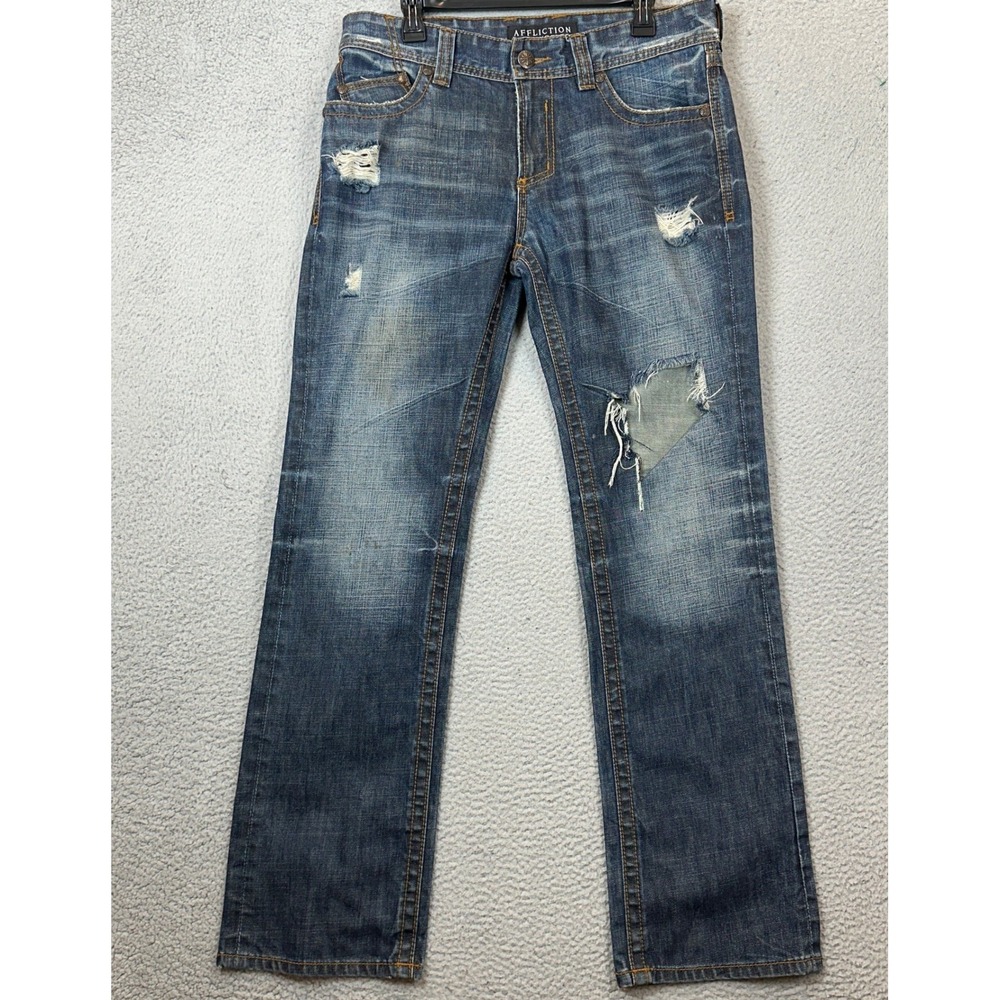 Affliction Blake Jeans Mens 32 Relaxed Straight Imperial Blue Distressed Denim